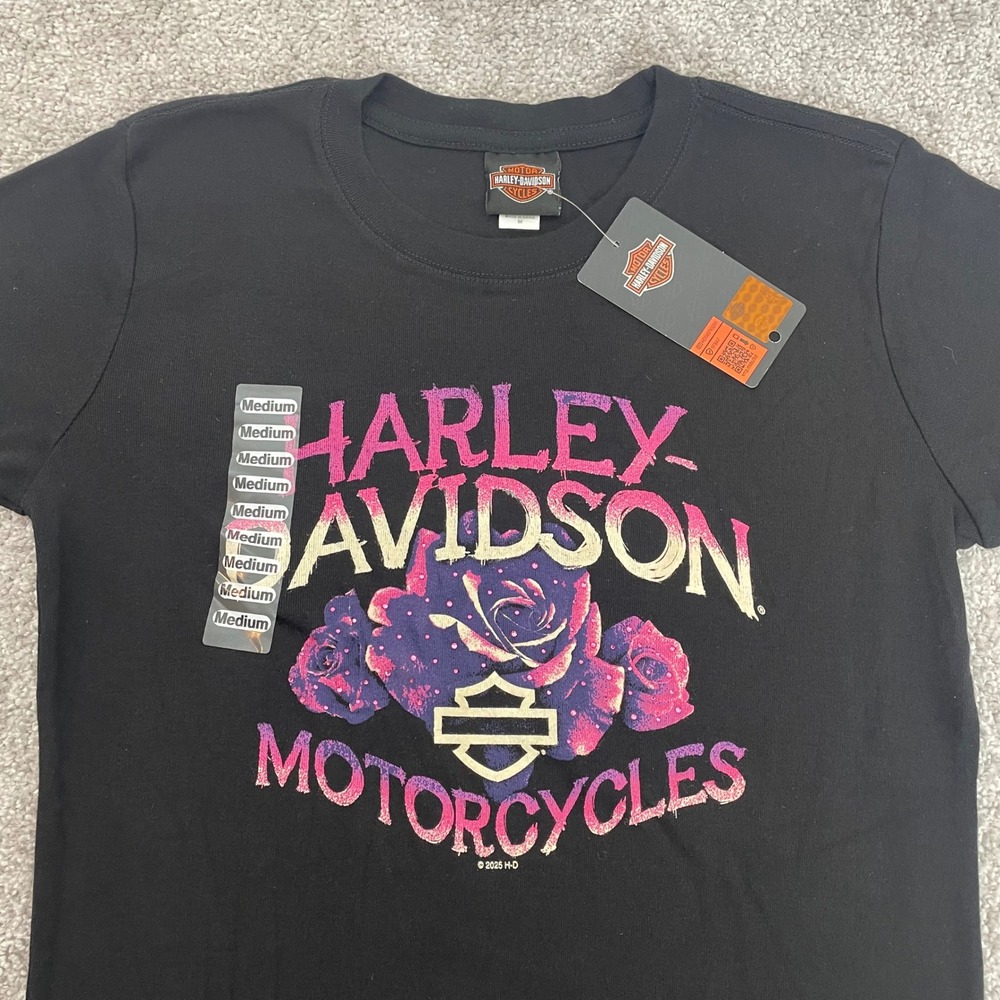 NEW Harley-Davidson Tee shirt Womens Medium HD Flourish Black Rose Graphic NWT